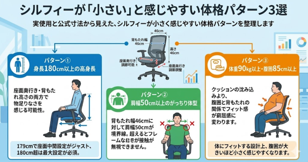オカムラ シルフィーが小さいと感じやすい体格パターン3選|身長180cm以上・肩幅50cm以上・体重90kg以上の注意点