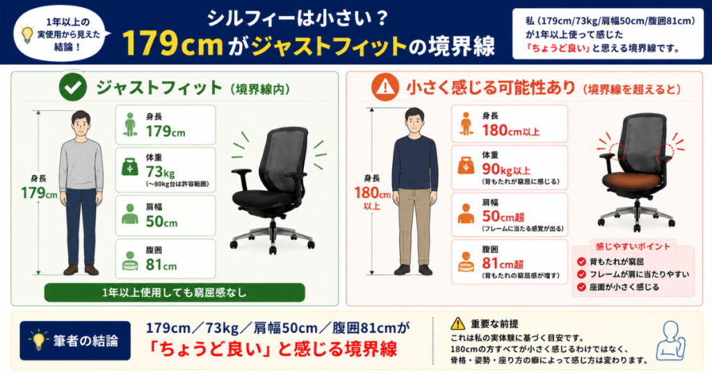 オカムラ シルフィーは小さい?179cm・73kgの実体験からわかったジャストフィットの境界線を身長・体重・肩幅・腹囲ごとにまとめた図解