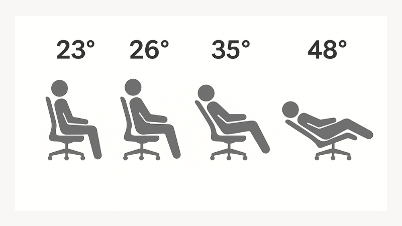 オフィスチェアのリクライニング角度比較イラスト｜オカムラ シルフィー23°・コンテッサ26°・コフォチェア35°・エルゴヒューマン48°の違いを解説。休憩重視だと浅さに後悔するケースも。
