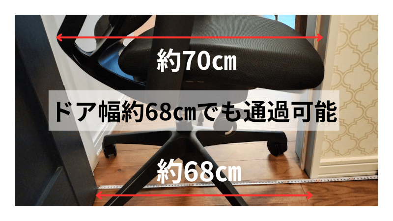 オカムラ シルフィーをドア幅68cmの住宅に搬入した実例。キャスターを回転させて通過可能。