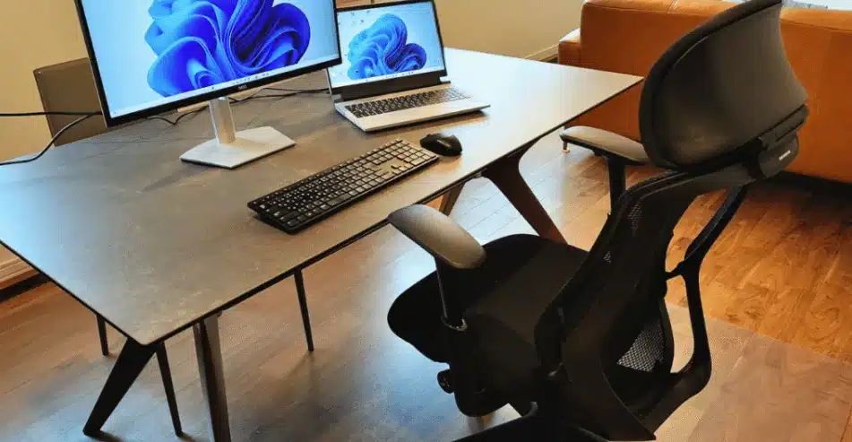 自宅の机に置いたオカムラ シルフィー エクストラハイバック(可動ヘッドレスト)