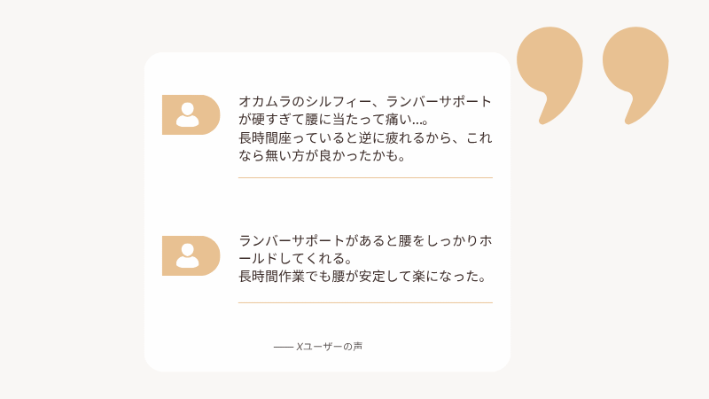 オカムラ シルフィー ランバーサポートに関する口コミ比較（後悔と満足の意見要約）