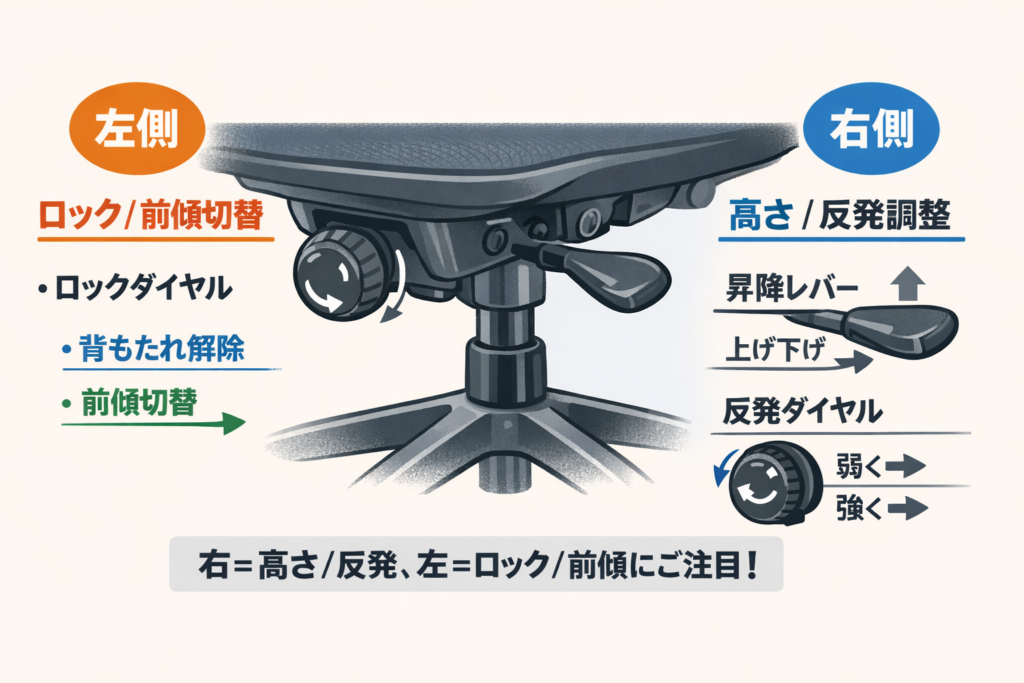 オカムラ シルフィー 調整レバー 図解|右側(座面高さ・反発力)と左側(リクライニングロック・前傾機能)の操作方法