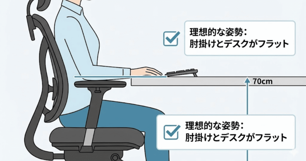 デスク高70cmで肘掛けと天板がフラットになる理想姿勢の図解(オカムラ シルフィーの肘置き高さの目安)