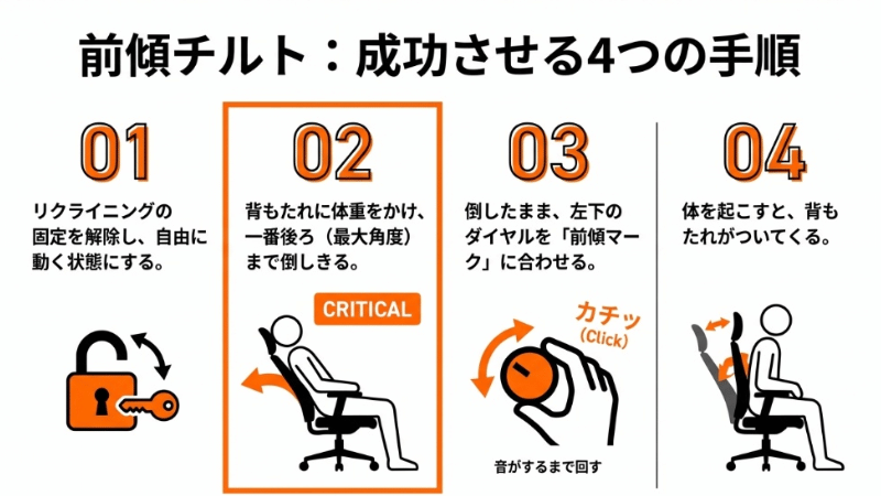 オカムラシルフィー前傾チルトの設定方法4ステップ図解。リクライニングを最大まで倒してからダイヤルを回す正しい手順