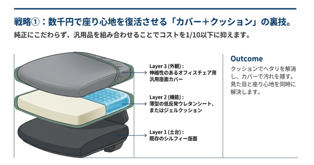 オカムラ シルフィーの座面にカバーとクッションを重ねて座り心地を改善する構造図