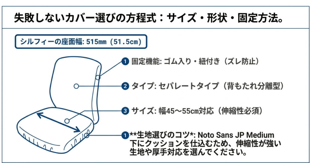 オカムラ シルフィーの座面幅515mmに合う座面カバーのサイズと選び方を解説した図