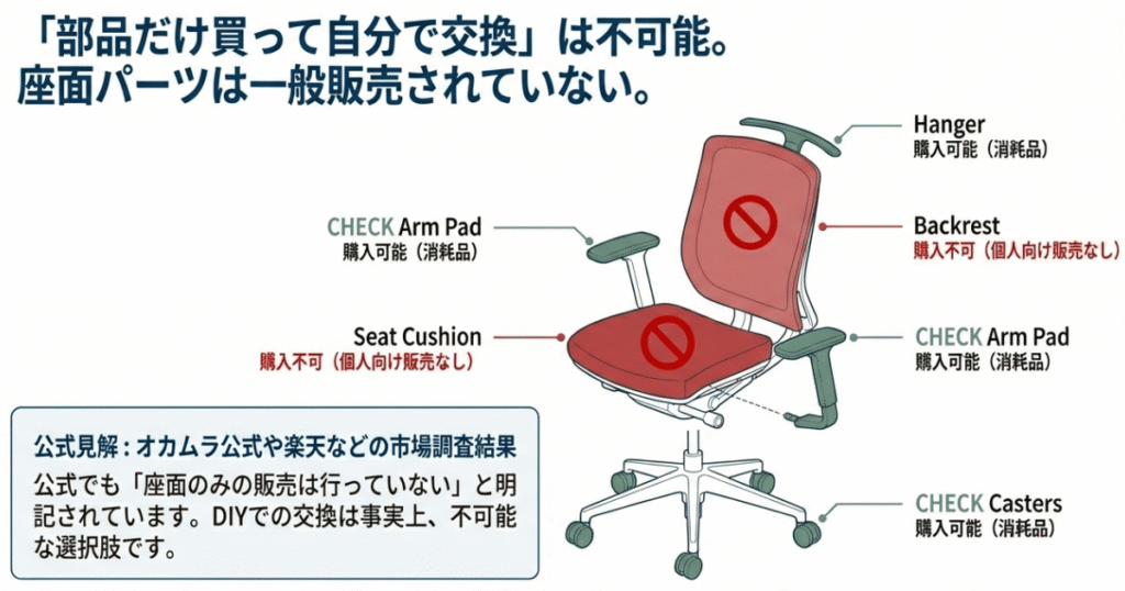 オカムラ シルフィーは座面クッションと背もたれが個人向けに販売されておらずDIY交換できない構造図