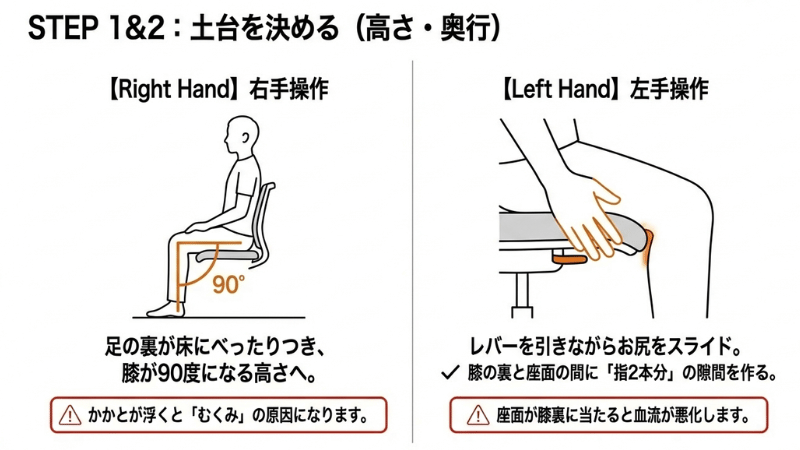 オカムラシルフィーの座面調整方法|右レバーで膝90度の高さ、左レバーで膝裏に指2本の隙間を作る(むくみ・血流対策)