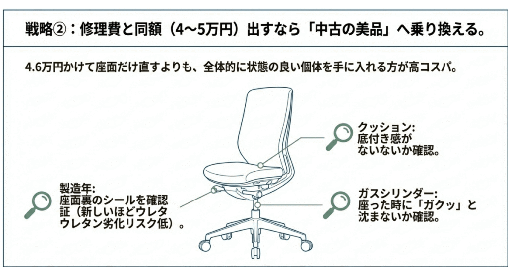 オカムラ シルフィーの座面交換費用と中古美品を比較し、中古購入時のチェックポイントを示した図