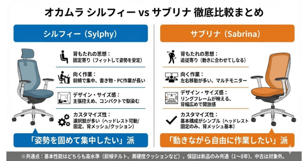 オカムラ シルフィーとサブリナの違い徹底比較まとめ図解。「姿勢を固めて集中したい」シルフィーと「動きながら自由に作業したい」サブリナの背もたれ、向く作業、デザイン、カスタマイズ性の違い一覧。