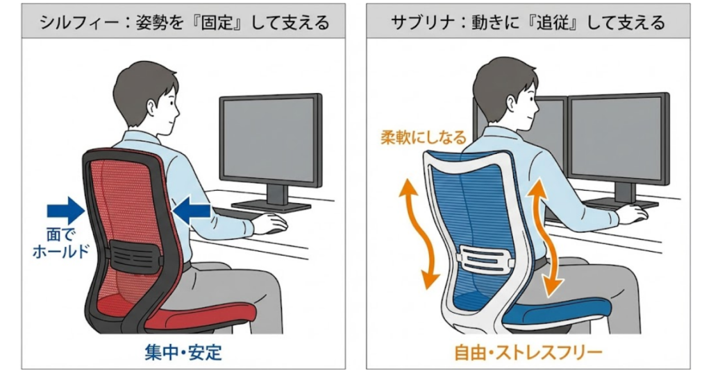 オカムラ シルフィーは姿勢を固定して支える、サブリナは動きに追従して支える背もたれの違い(比較図)