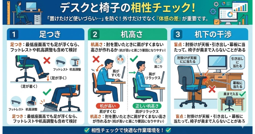 デスクと椅子の相性を確認する図解。足つき、机高さ、机下の干渉の3つをチェックし、最低座面高でも足が浮かないか、肘を置いたときに肩がすくまないか、肘掛けが天板や引き出しに当たらないかを説明している。