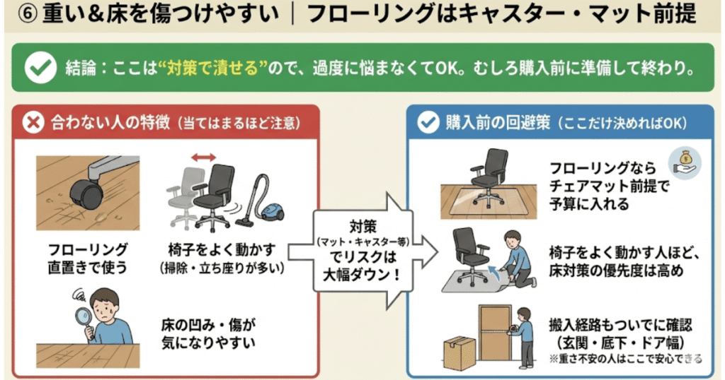オカムラ コーラルの床傷と重さ対策をチェアマットとキャスターで整理した図解