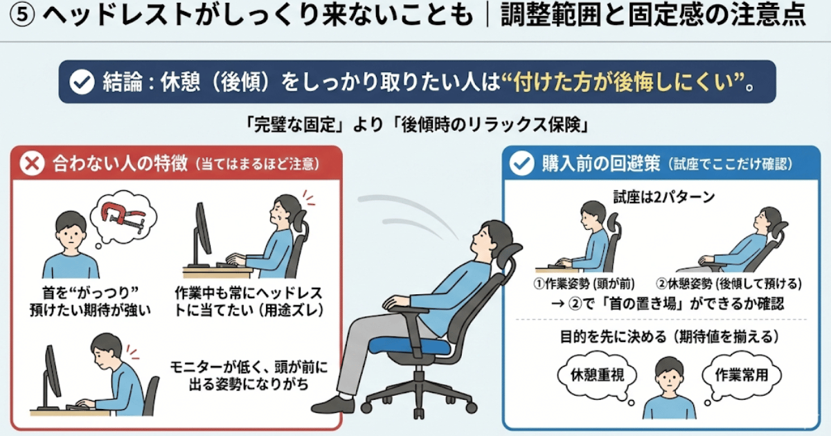 オカムラ コーラルのヘッドレストは後傾休憩で首の置き場を確認する図解