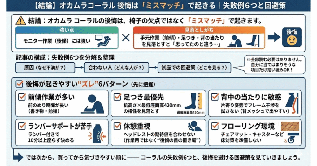 オカムラ コーラル後悔の原因ミスマッチと失敗例6つを試座で回避する図解