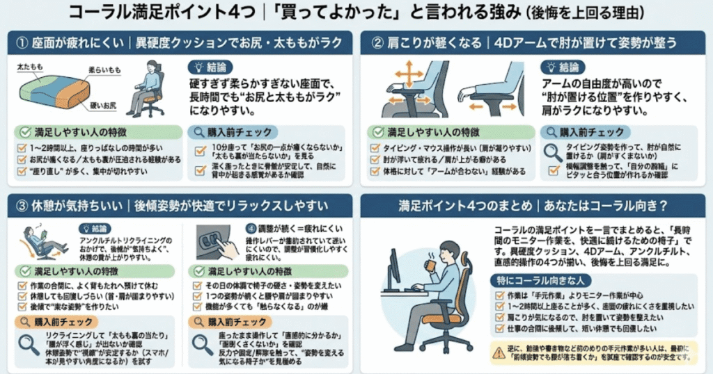 オカムラ コーラルの満足ポイント4つ(座面・アーム・後傾・操作性)を試座で確認する図解