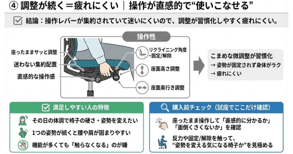 オカムラ コーラルは操作が直感的で調整が続く理由と座ったままの確認手順をまとめた図解