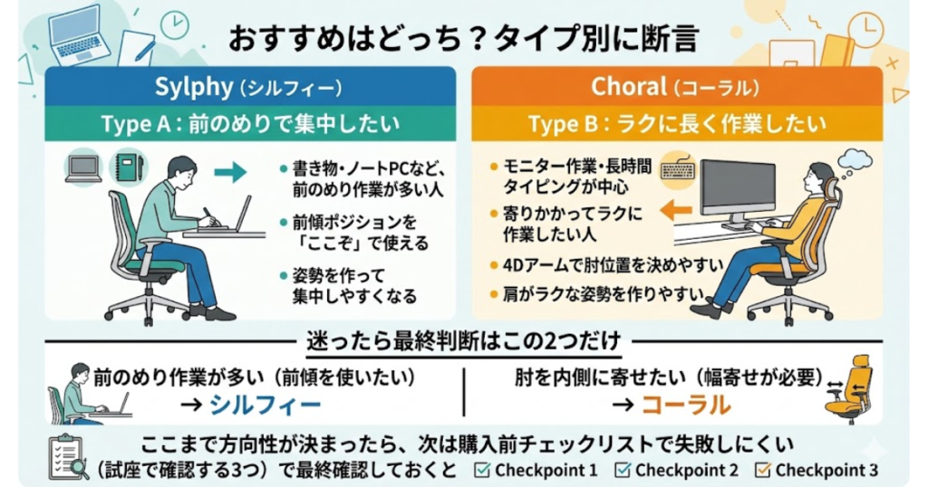 オカムラ コーラルとシルフィーのおすすめをタイプ別に比較した画像。前のめりで集中したい人はシルフィー、ラクに長く作業したい人はコーラルが向いていることをわかりやすく整理した比較図。