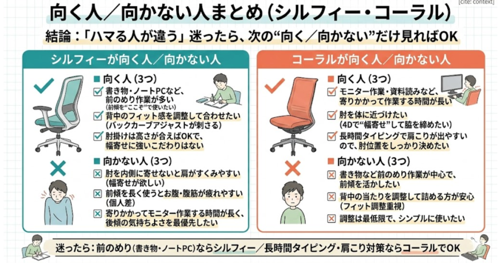 オカムラ コーラルとシルフィーの向く人・向かない人を比較した画像。前のめり作業や背中のフィット調整を重視する人はシルフィー、寄りかかり作業や4Dアームによる幅寄せを重視する人はコーラルが向いていることをまとめている。