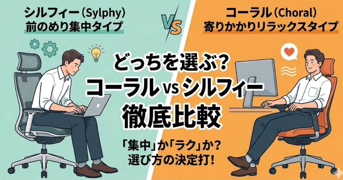 オカムラ コーラルとシルフィーの違いを比較したアイキャッチ画像。前のめりで集中しやすいシルフィーと、寄りかかってラクに作業しやすいコーラルの選び方をわかりやすく示した比較図。