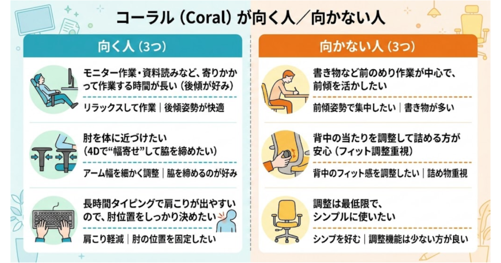 オカムラ コーラルが向く人・向かない人を図解でまとめた画像。寄りかかって作業する時間が長い人、肘を体に近づけたい人、長時間タイピングで肩こりしやすい人には向き、前のめり作業中心の人や背中のフィット調整を重視する人には向かない特徴を整理している。