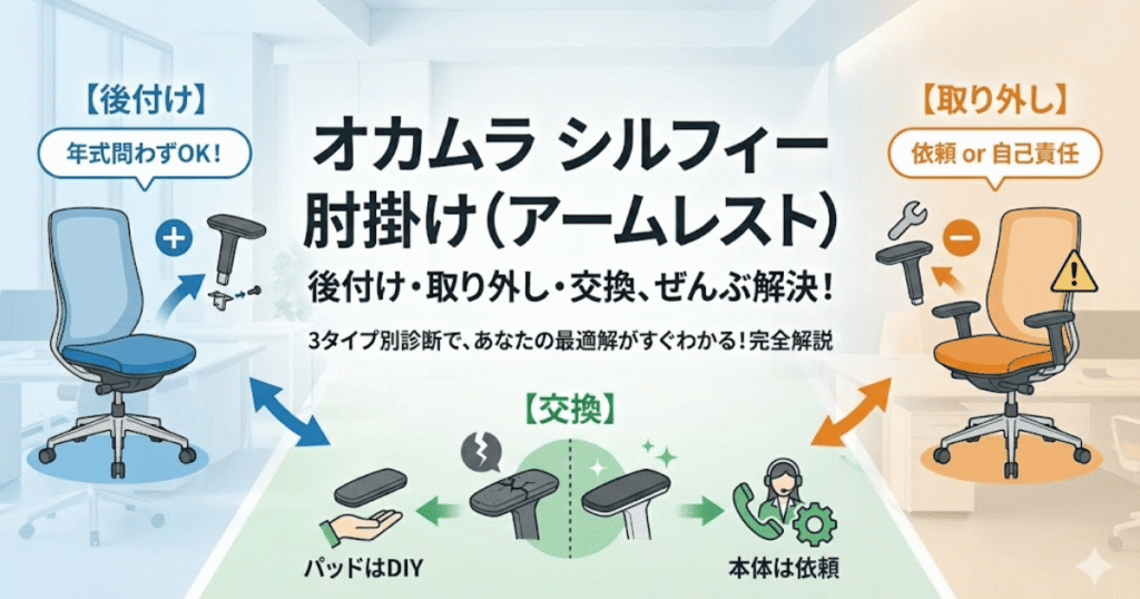 オカムラ シルフィーの肘掛け（アームレスト）を後付け・取り外し・交換する方法をまとめた図解