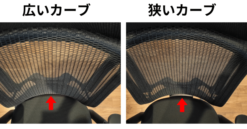 オカムラ シルフィーのバックカーブアジャストを広いカーブと狭いカーブで比較した背もたれ形状の違い