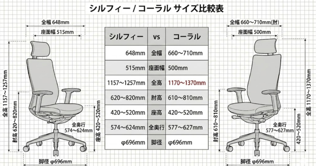 オカムラ シルフィーとコーラルの外形寸法を比較した図(全幅・座面幅・座高・奥行・脚径がほぼ同じ)