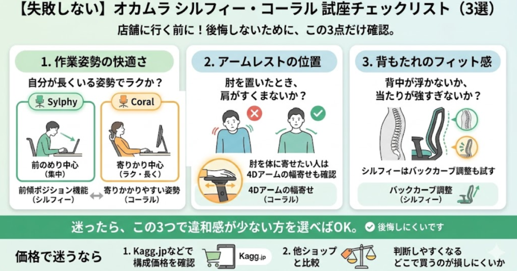 オカムラ シルフィーとコーラルの試座チェックリストをまとめた画像。店舗で確認すべきポイントとして、作業姿勢の快適さ、アームレストの位置、背もたれのフィット感の3つを比較し、後悔しにくい選び方を図解している。