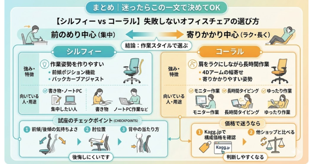 オカムラ シルフィーとコーラルの選び方をまとめた比較画像。前のめり中心で集中したい人はシルフィー、寄りかかり中心でラクに長く作業したい人はコーラルが向いていることを、特徴・用途・試座ポイント付きで整理している。