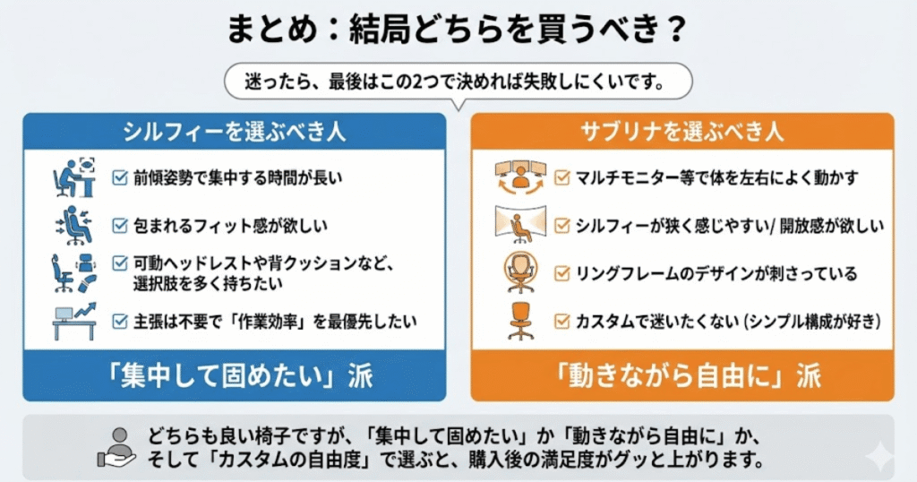 オカムラ シルフィーとサブリナの選び方まとめ|集中して固定したい人はシルフィー、動きながら自由に使いたい人はサブリナ