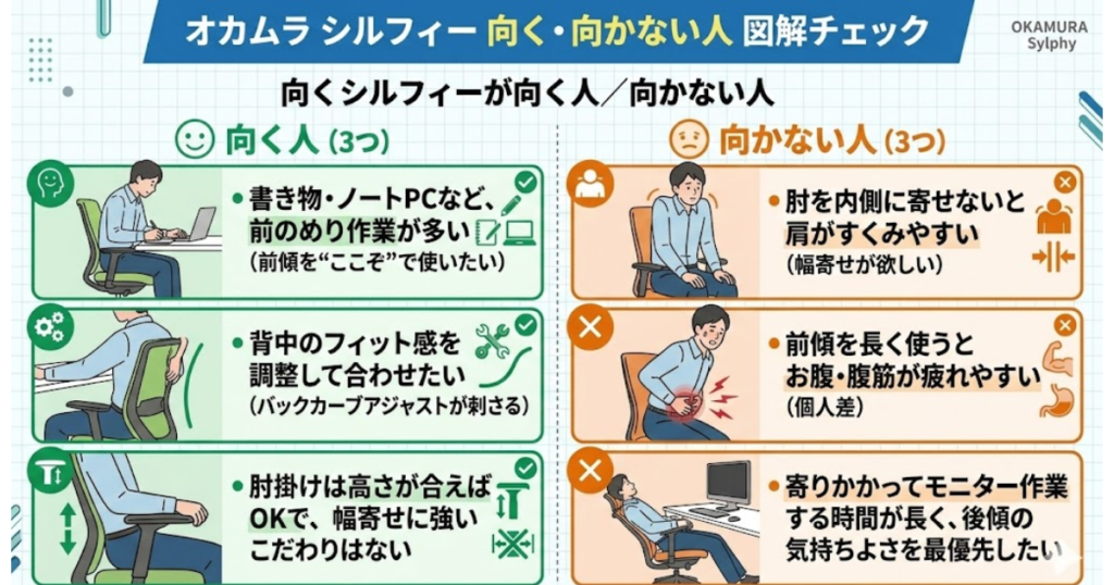 オカムラ シルフィーが向く人・向かない人を図解でまとめた画像。前のめり作業が多い人、背中のフィット感を調整したい人、肘掛けの幅寄せに強いこだわりがない人には向き、肩をすくめやすい人や後傾重視の人には向かない特徴を整理している。