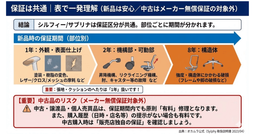 オカムラ シルフィー・サブリナの保証期間まとめ|外観1年・可動部2年・構造体8年/中古はメーカー無償保証対象外を図解