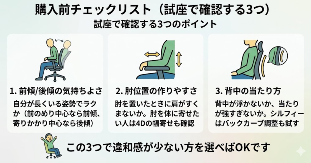 オカムラ シルフィーとコーラルの違いがわかる試座チェックリスト。前傾・後傾姿勢の快適さ、肘掛け(アームレスト)の位置、背もたれのフィット感の3つの比較ポイントを図解。