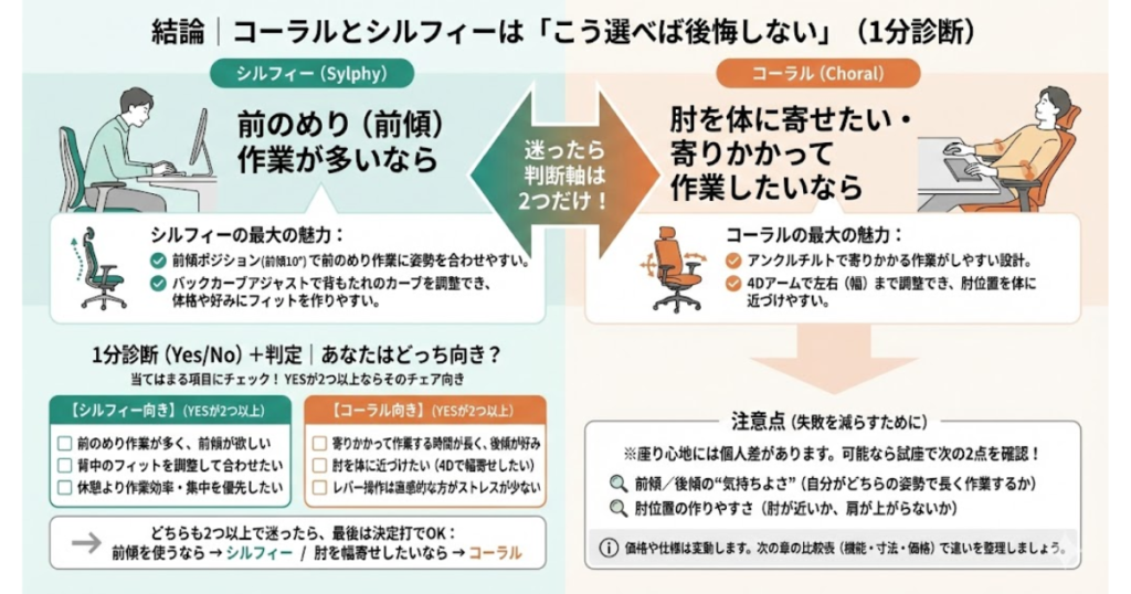 オカムラ シルフィーとコーラルの選び方を1分診断で比較した図。前のめり作業ならシルフィー、肘を体に寄せたい・寄りかかって作業したいならコーラル、向き不向きと試座の確認ポイントをまとめた比較画像