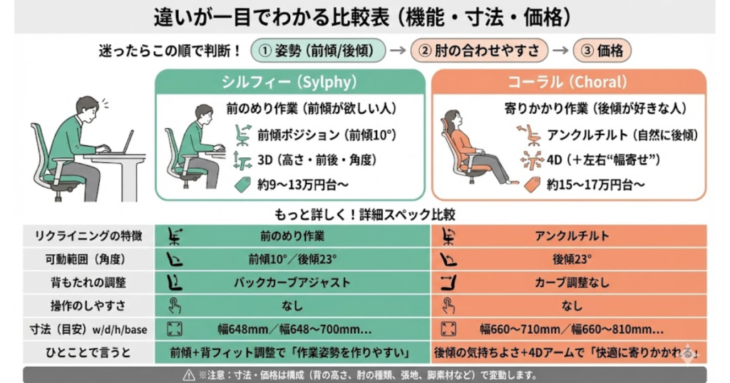 オカムラ シルフィーとコーラルの違いを比較した一覧表。前傾/後傾の姿勢、肘の合わせやすさ、価格、リクライニング、可動範囲、背もたれ調整、寸法の違いを一目で確認できる比較画像