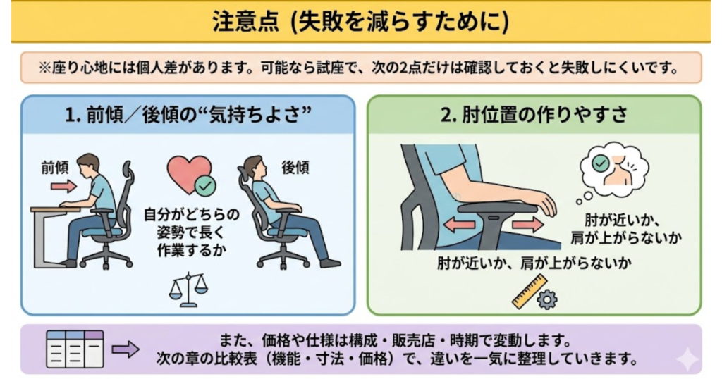 オカムラ シルフィーとコーラルを選ぶ前に確認したい試座の注意点をまとめた図。前傾/後傾の気持ちよさと、肘位置の作りやすさ(肘が近いか・肩が上がらないか)の2点を確認するチェック画像