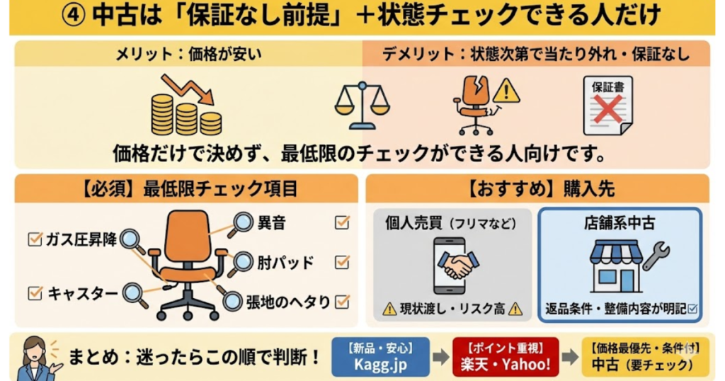 オカムラ シルフィーやコーラルを中古で買うときの注意点をまとめた図。保証なし前提で、ガス圧昇降・異音・肘パッド・キャスター・張地のヘタりを確認すること、個人売買より返品条件や整備内容が明記された店舗系中古が向いていることを解説した画像