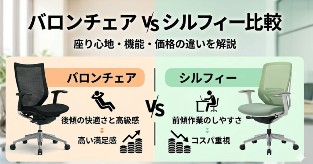 バロンチェアとシルフィーの違いを比較したアイキャッチ画像。座り心地・機能・価格の違いをわかりやすく解説。