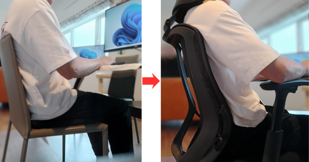 食卓椅子とオカムラ シルフィーの姿勢比較。在宅ワークで前かがみになりやすい座り方の違いが分かる実例画像