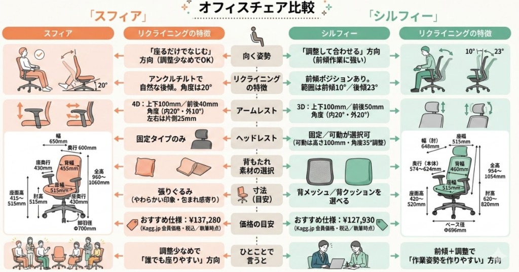 オカムラ スフィアとシルフィーの違いを比較した一覧図。姿勢、リクライニング、アームレスト、ヘッドレスト、背もたれ素材、寸法、価格の目安を一目で確認できる比較画像