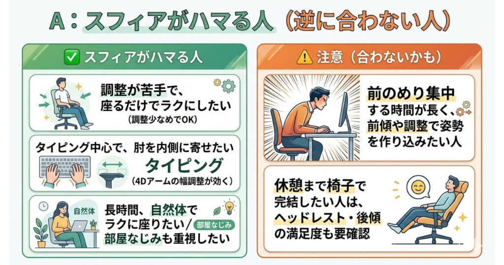 オカムラ スフィアが向く人と向かない人をまとめた比較図。調整が苦手で自然にラクに座りたい人、タイピング中心で肘を内側に寄せたい人には向き、前のめりで集中したい人や休憩まで椅子で完結したい人は要確認と分かる画像
