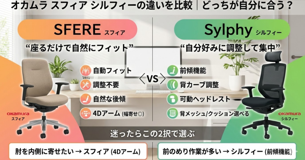 オカムラのオフィスチェア『スフィア(SFERE)』と『シルフィー(Sylphy)』の違いを比較するアイキャッチ画像。左のスフィアは『座るだけで自然にフィット』し、自動フィットや4Dアームなどの特徴がアイコンで示されている。右のシルフィーは『自分好みに調整して集中』でき、前傾機能や可動ヘッドレストなどの特徴がアイコンで示されている。中央には『迷ったらこの2択で選ぶ』という基準（肘を寄せるか、前のめり作業が多いか）が記載され、デスク背景。Okamuraロゴ入り。