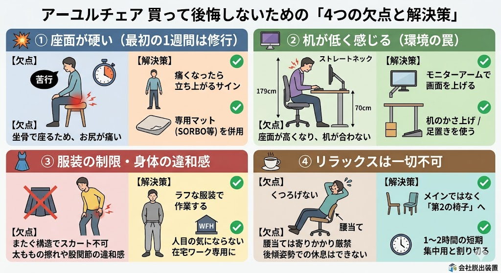 【図解】アーユルチェアの欠点4つと解決策。買って後悔しないために、座面が硬い、お尻が痛い、机が低い(合わない)、服装(スカート)、リラックスできない(寄りかかれない)といったリアルな悩みの原因と対策をイラストで解説。