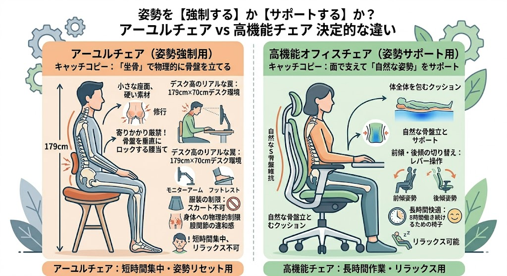 図解:アーユルチェアの「姿勢強制(短時間集中)」とオカムラシルフィーなど高機能オフィスチェアの「姿勢サポート(長時間快適)」の決定的な違いと構造比較