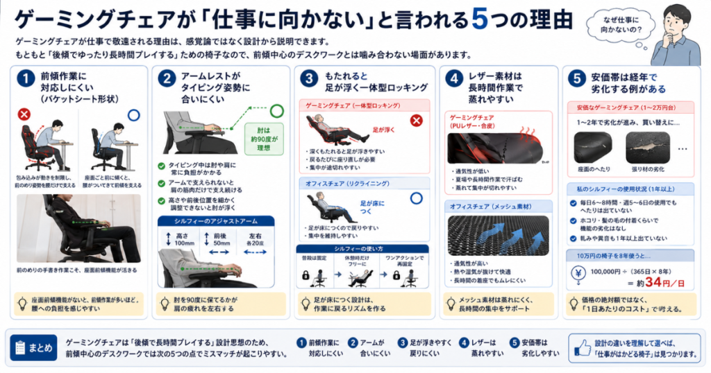 ゲーミングチェアが仕事に向かないと言われる5つの理由(前傾作業・アームレスト・ロッキング・蒸れ・耐久)と、オフィスチェアでの解決策を1枚にまとめたインフォグラフィック