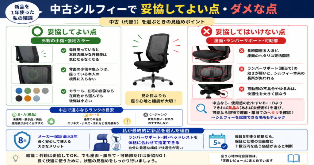 オカムラ シルフィーの中古購入で妥協してよい点と妥協してはいけない点をまとめた図解。外観の小傷やカラーは妥協可能だが、座面のヘタリ・ランバーサポート・可動部は要確認。新品を選んだ理由も解説。