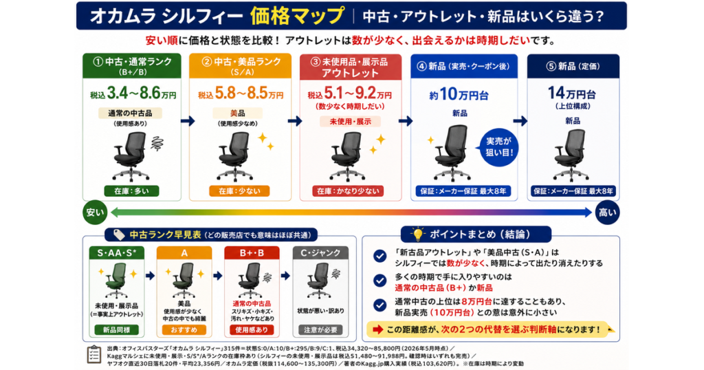 オカムラ シルフィーの中古・アウトレット・新品の価格差を比較した図解。中古ランクごとの違いと価格帯、アウトレットの希少性、新品との価格差をわかりやすくまとめている