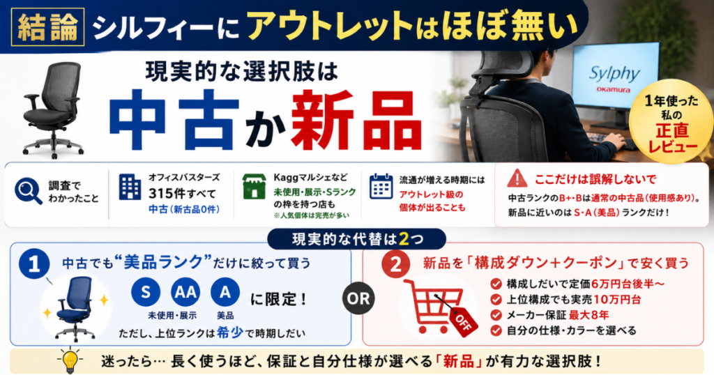 オカムラ シルフィー アウトレットの実態をまとめた図解。中古美品ランクと新品の違い、アウトレットが少ない理由、失敗しない選び方を解説